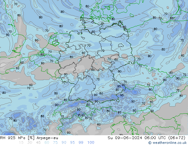 Humidité rel. 925 hPa Arpege-eu dim 09.06.2024 06 UTC