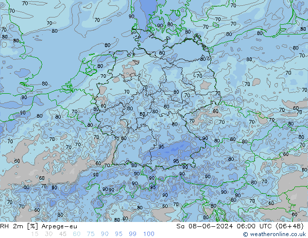 RH 2m Arpege-eu Sa 08.06.2024 06 UTC