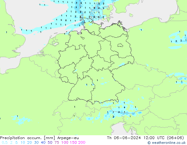 Precipitation accum. Arpege-eu 星期四 06.06.2024 12 UTC
