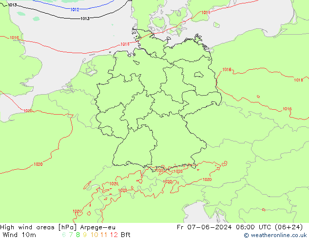 High wind areas Arpege-eu пт 07.06.2024 06 UTC