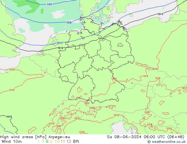 High wind areas Arpege-eu Sa 08.06.2024 06 UTC