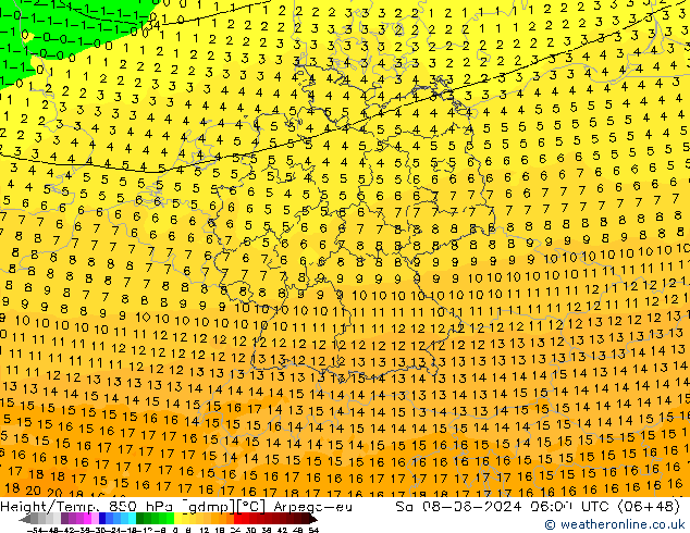 Yükseklik/Sıc. 850 hPa Arpege-eu Cts 08.06.2024 06 UTC