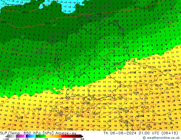 SLP/Temp. 850 гПа Arpege-eu чт 06.06.2024 21 UTC