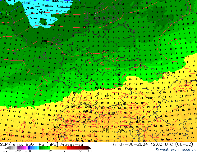 SLP/Temp. 850 hPa Arpege-eu vie 07.06.2024 12 UTC