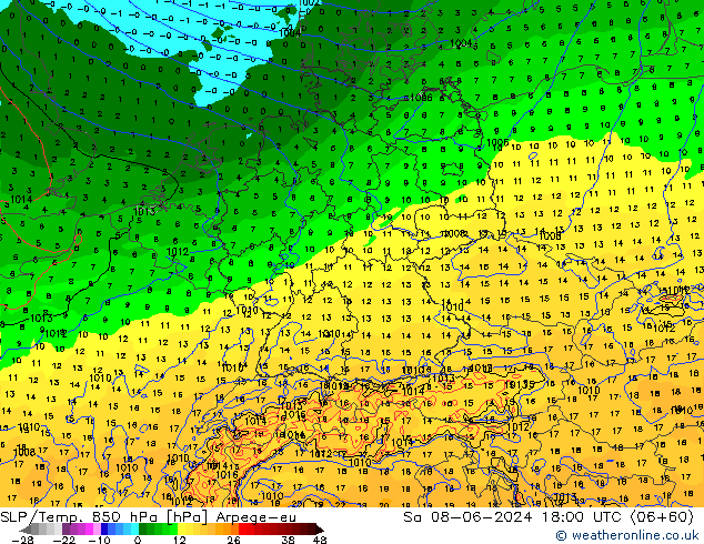 SLP/Temp. 850 hPa Arpege-eu sáb 08.06.2024 18 UTC