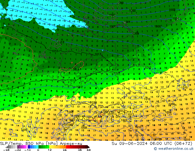 SLP/Temp. 850 hPa Arpege-eu Ne 09.06.2024 06 UTC