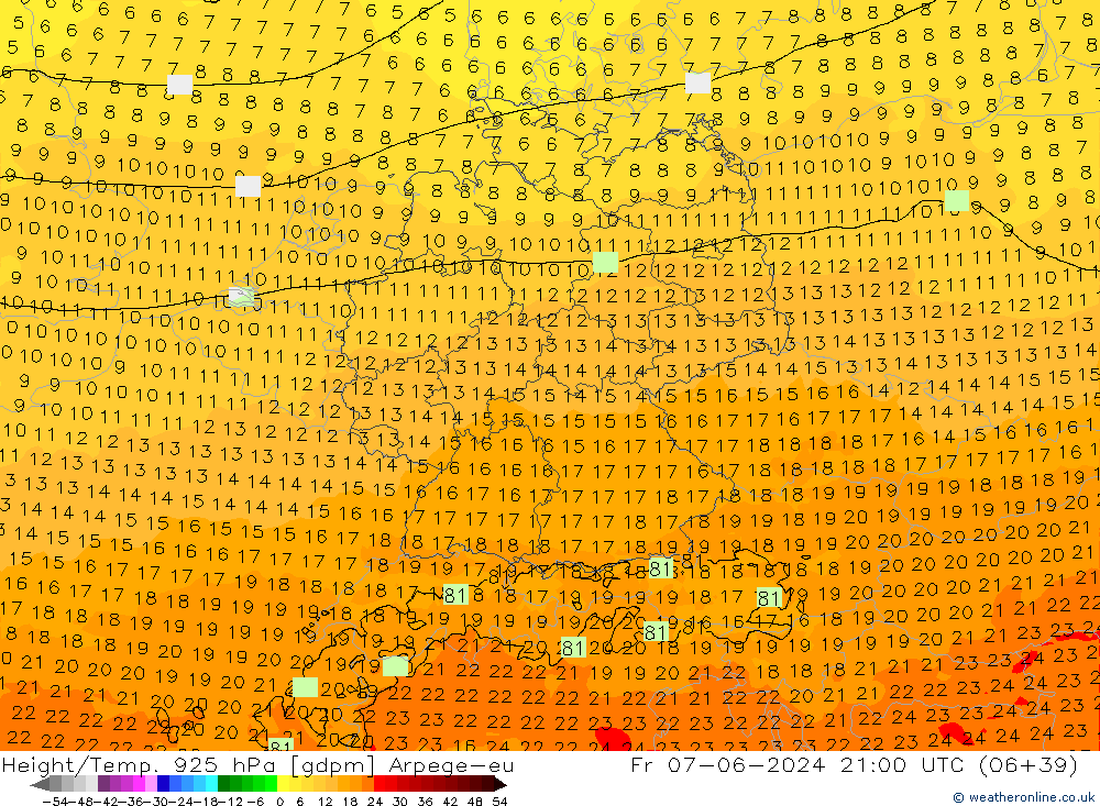 Hoogte/Temp. 925 hPa Arpege-eu vr 07.06.2024 21 UTC