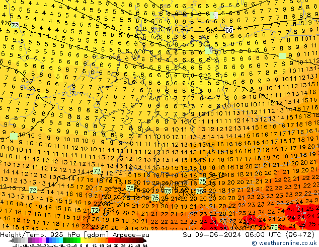 Height/Temp. 925 hPa Arpege-eu Dom 09.06.2024 06 UTC