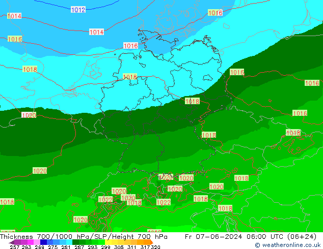 Thck 700-1000 гПа Arpege-eu пт 07.06.2024 06 UTC