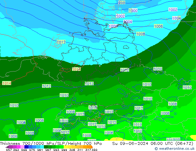 Thck 700-1000 hPa Arpege-eu dom 09.06.2024 06 UTC