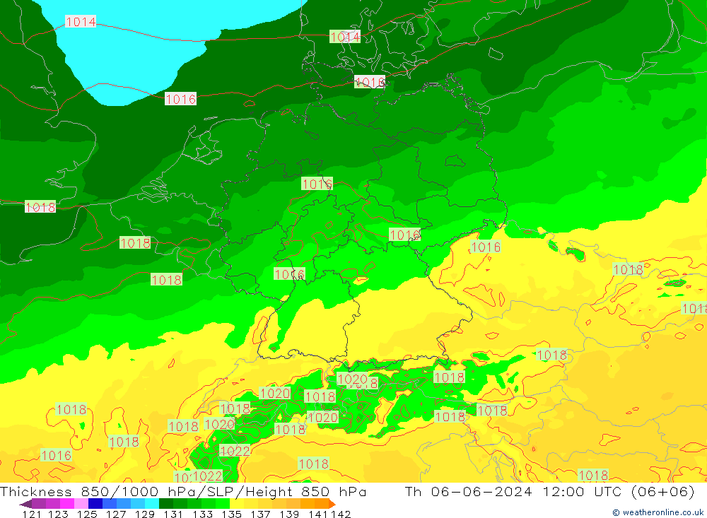 Espesor 850-1000 hPa Arpege-eu jue 06.06.2024 12 UTC