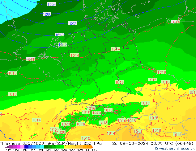 Thck 850-1000 hPa Arpege-eu so. 08.06.2024 06 UTC