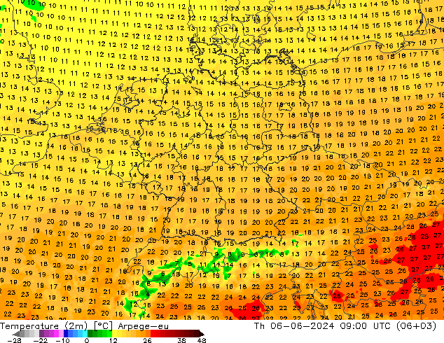 Temperature (2m) Arpege-eu Th 06.06.2024 09 UTC