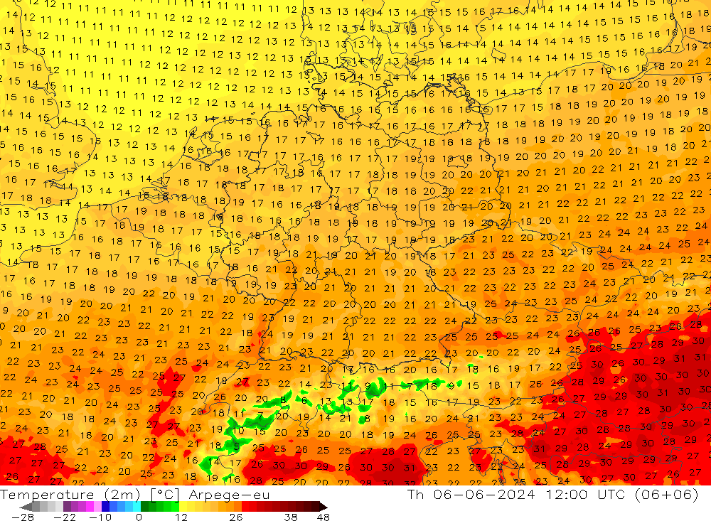 température (2m) Arpege-eu jeu 06.06.2024 12 UTC