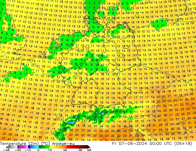 température (2m) Arpege-eu ven 07.06.2024 00 UTC