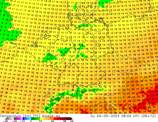 Temperature (2m) Arpege-eu Su 09.06.2024 06 UTC