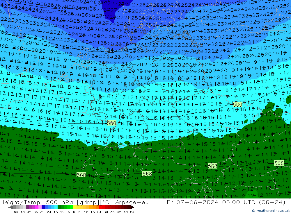 Geop./Temp. 500 hPa Arpege-eu vie 07.06.2024 06 UTC