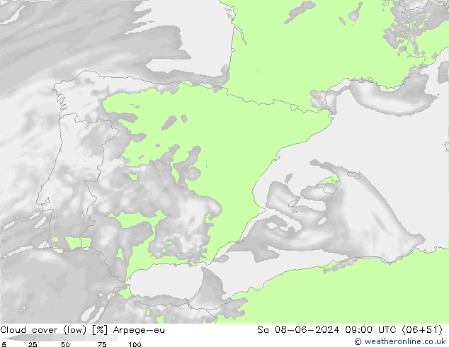 Cloud cover (low) Arpege-eu Sa 08.06.2024 09 UTC