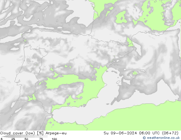 Cloud cover (low) Arpege-eu Su 09.06.2024 06 UTC