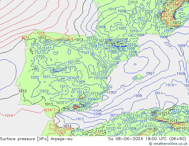 Pressione al suolo Arpege-eu sab 08.06.2024 18 UTC