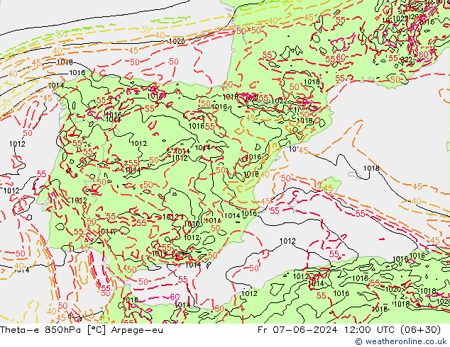 Theta-e 850hPa Arpege-eu Sex 07.06.2024 12 UTC