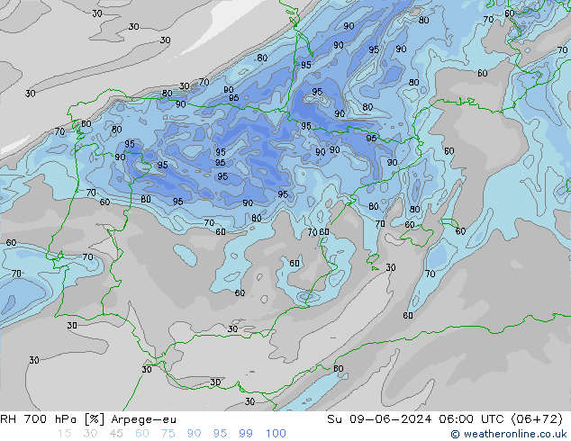 RH 700 hPa Arpege-eu Su 09.06.2024 06 UTC