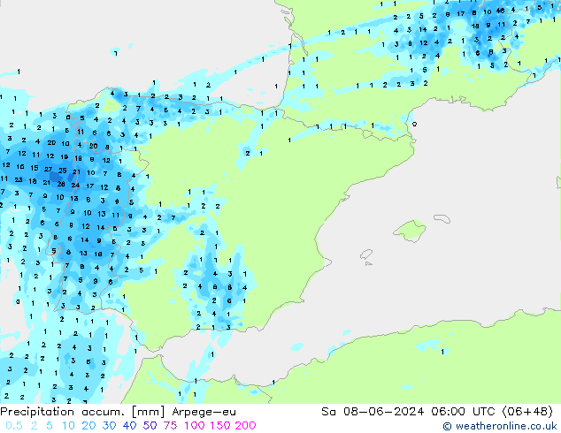 Precipitation accum. Arpege-eu Sa 08.06.2024 06 UTC