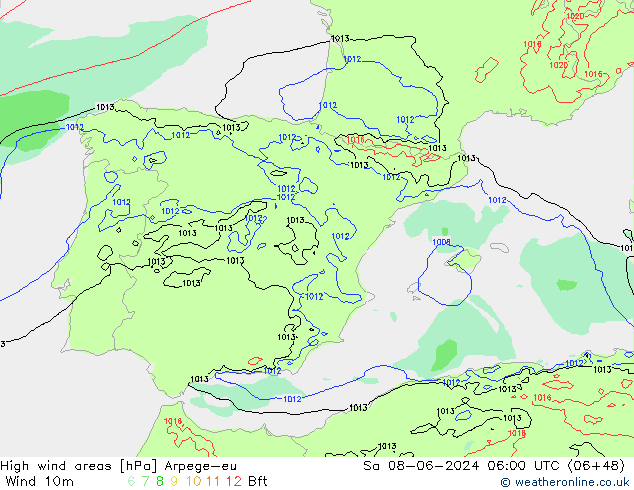 High wind areas Arpege-eu сб 08.06.2024 06 UTC