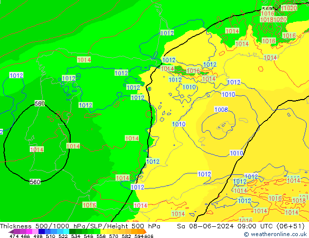 Thck 500-1000hPa Arpege-eu Sa 08.06.2024 09 UTC