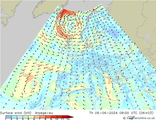 Vento 10 m (bft) Arpege-eu Qui 06.06.2024 09 UTC