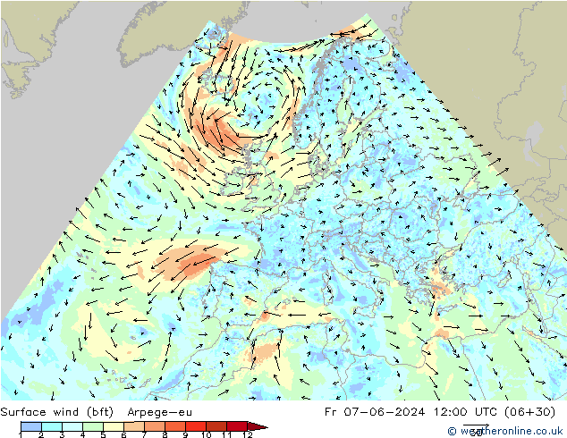 Viento 10 m (bft) Arpege-eu vie 07.06.2024 12 UTC