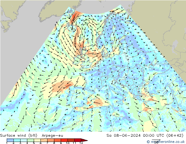  10 m (bft) Arpege-eu  08.06.2024 00 UTC