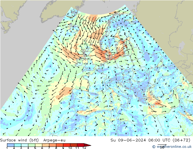 Surface wind (bft) Arpege-eu Su 09.06.2024 06 UTC