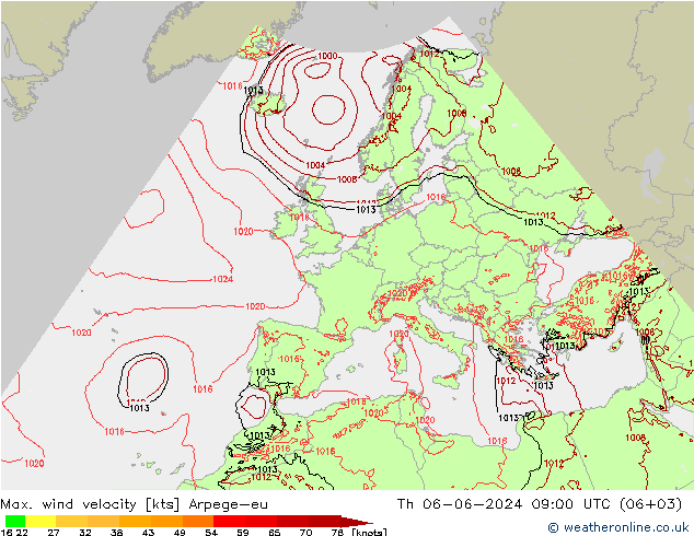 Max. wind velocity Arpege-eu jue 06.06.2024 09 UTC