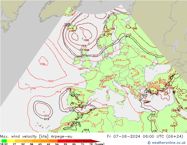 Max. wind velocity Arpege-eu vie 07.06.2024 06 UTC