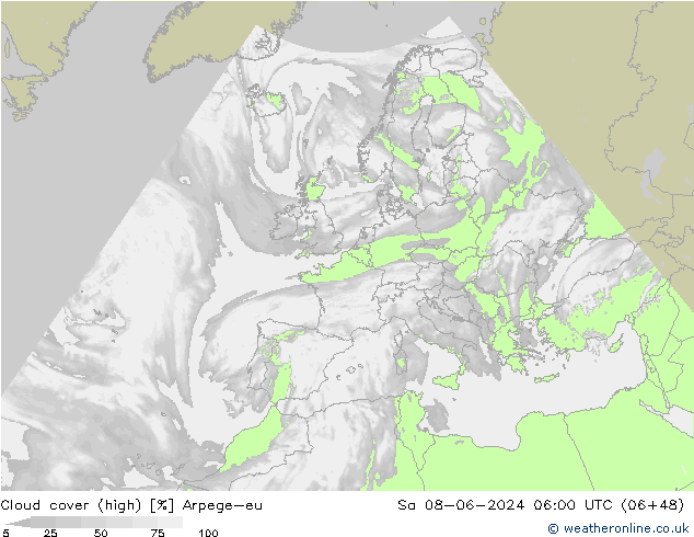 Cloud cover (high) Arpege-eu Sa 08.06.2024 06 UTC