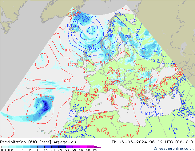 осадки (6h) Arpege-eu чт 06.06.2024 12 UTC