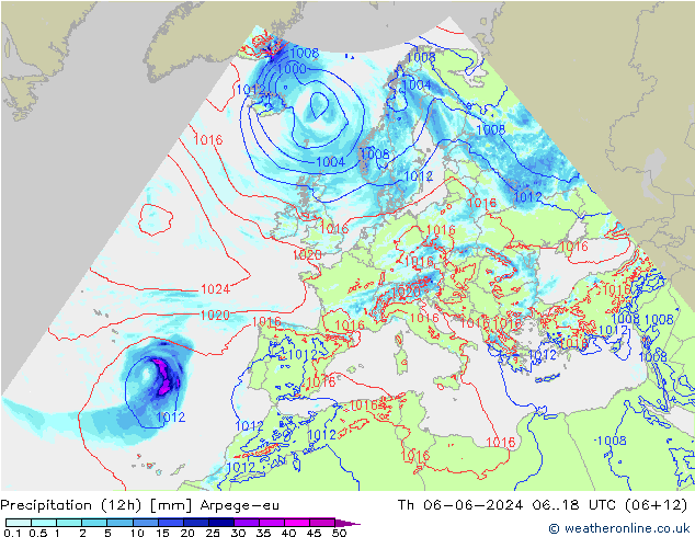 Totale neerslag (12h) Arpege-eu do 06.06.2024 18 UTC