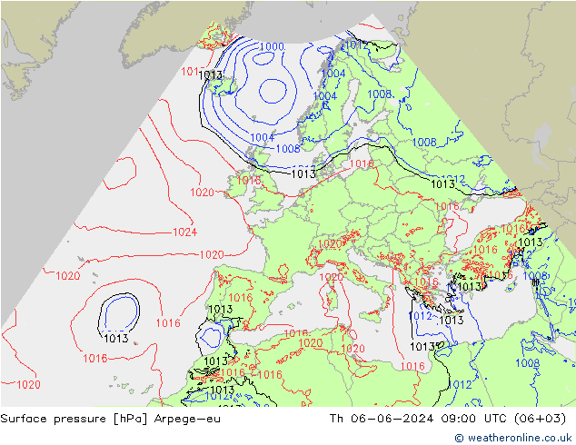 Surface pressure Arpege-eu Th 06.06.2024 09 UTC