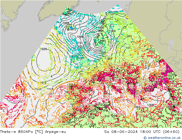 Theta-e 850hPa Arpege-eu Sa 08.06.2024 18 UTC