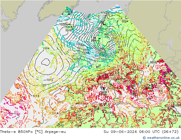 Theta-e 850hPa Arpege-eu zo 09.06.2024 06 UTC