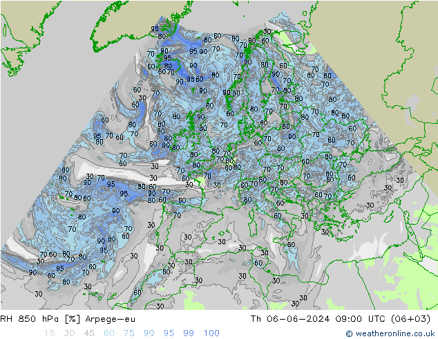 RH 850 hPa Arpege-eu 星期四 06.06.2024 09 UTC