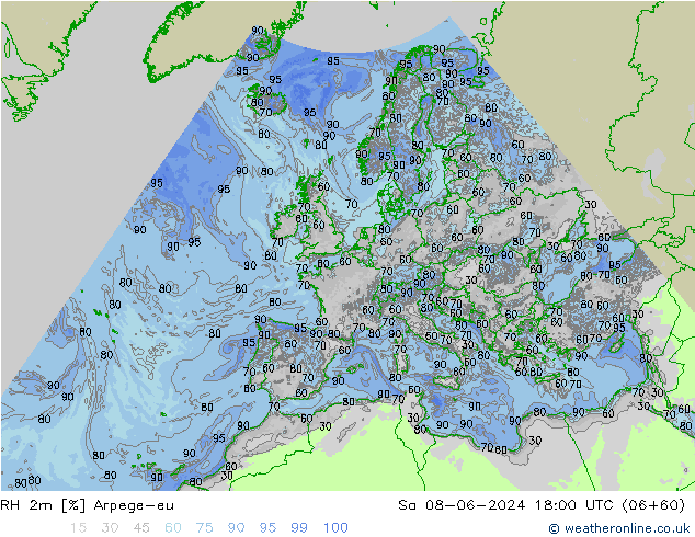 RH 2m Arpege-eu Sa 08.06.2024 18 UTC