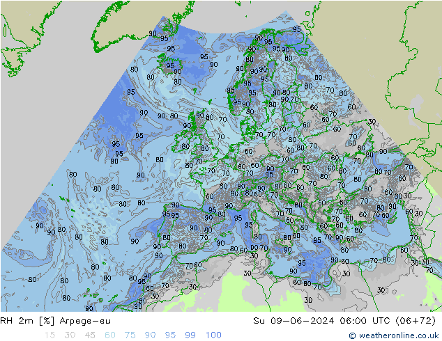 RH 2m Arpege-eu Su 09.06.2024 06 UTC