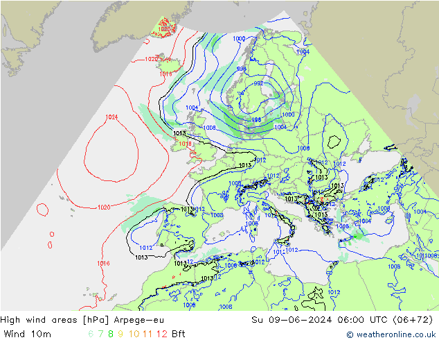 High wind areas Arpege-eu  09.06.2024 06 UTC