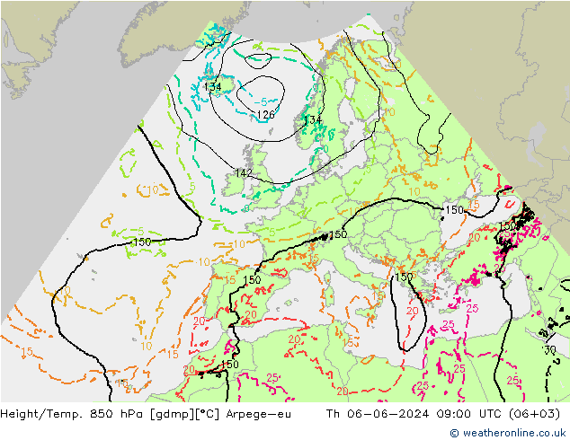 Height/Temp. 850 hPa Arpege-eu Čt 06.06.2024 09 UTC