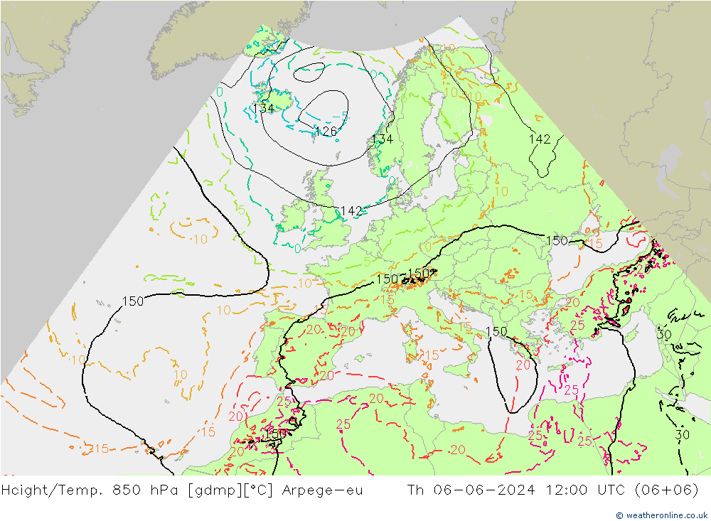 Géop./Temp. 850 hPa Arpege-eu jeu 06.06.2024 12 UTC