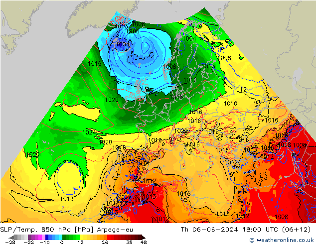 SLP/Temp. 850 hPa Arpege-eu Do 06.06.2024 18 UTC