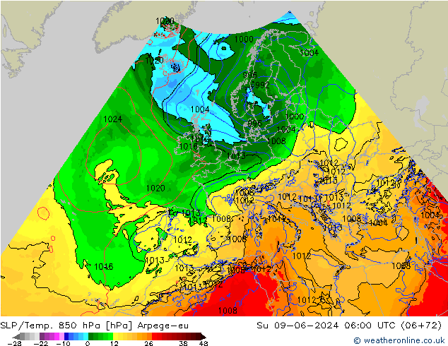 SLP/Temp. 850 hPa Arpege-eu dom 09.06.2024 06 UTC