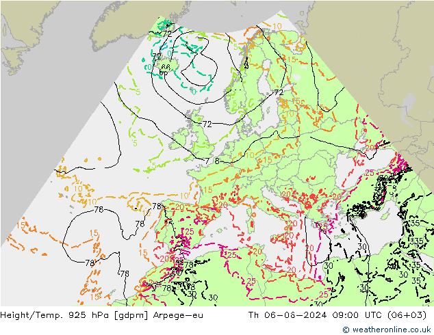 Height/Temp. 925 hPa Arpege-eu gio 06.06.2024 09 UTC